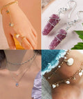 Four images of handmade jewelry: butterfly bracelet, gemstone earrings, layered necklace, and shell anklet with pearls.