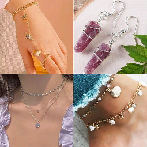 Four images of handmade jewelry: butterfly bracelet, gemstone earrings, layered necklace, and shell anklet with pearls.