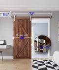 6 Ft Brushed Nickel Sliding Barn Door Hardware Kit with straight pulley installed on wooden door, fits 30-36 inch wide doors