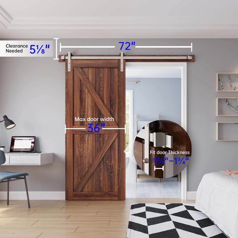 6 Ft Brushed Nickel Sliding Barn Door Hardware Kit with straight pulley installed on wooden door, fits 30-36 inch wide doors