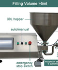 Straight Up Heavy Duty Single Head Liquid and Paste Bottle Filling Machine Built for Zero Sweat Operations With a Rock Solid Pneumatic Gear Pump and 20mm Nozzle for Honey Jam Syrup Drinks showing 30L hopper and control panel.