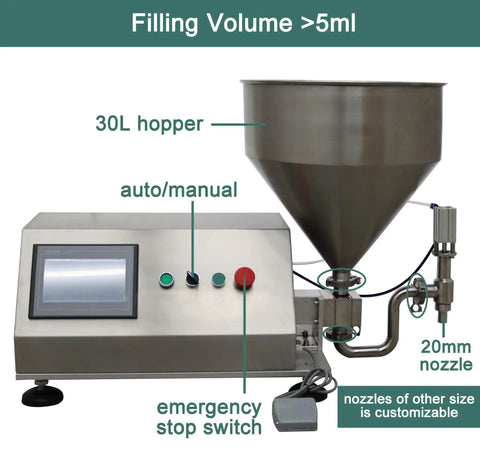 Straight Up Heavy Duty Single Head Liquid and Paste Bottle Filling Machine Built for Zero Sweat Operations With a Rock Solid Pneumatic Gear Pump and 20mm Nozzle for Honey Jam Syrup Drinks showing 30L hopper and control panel.