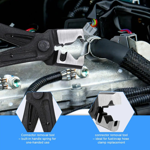 Heavy Duty 11 Piece Electrical Disconnect Pliers And Wire Stripper Kit With Hose Clamp Tool, connector removal tool in use.