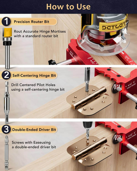Image showing how to use Adjustable Door Hinge Jig Tool For Router Durable Aluminum Mortise Jig with step-by-step instructions.