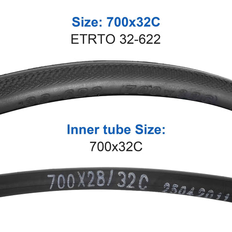 Close-up of 2 Pack 700x32c Road Bike Tires And Tubes 32-622 700C Foldable Tires With Presta Valve showing size markings