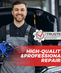 Mechanic in workshop with car hood open, holding cloth, wearing overalls, promoting high-quality professional repairs.
