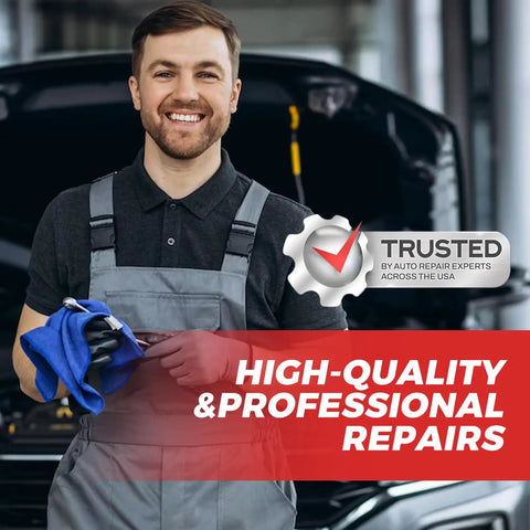Mechanic in workshop with car hood open, holding cloth, wearing overalls, promoting high-quality professional repairs.