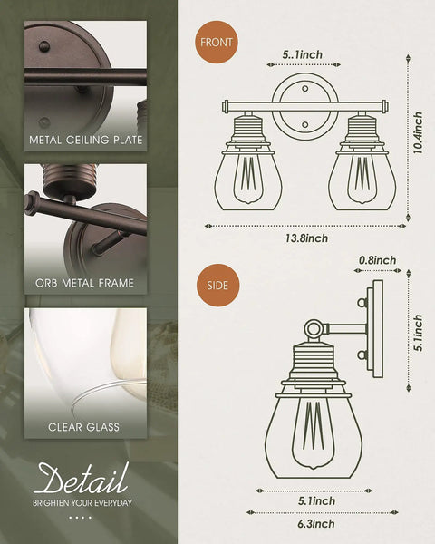 Two Light Farmhouse Vanity Light Fixture Over Mirror Wall Lamp For Bathroom With Clear Glass Shades And Oil Rubbed Bronze Finish diagram