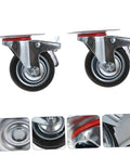 Heavy Duty Non Slip Swivel Caster Wheels With Safety Brake Industrial Rubber Rollers For Smooth Quiet Mobility On Carts And Furniture Easy To Install Three Inch Casters Built Tough For Heavy Loads, side and close-up view