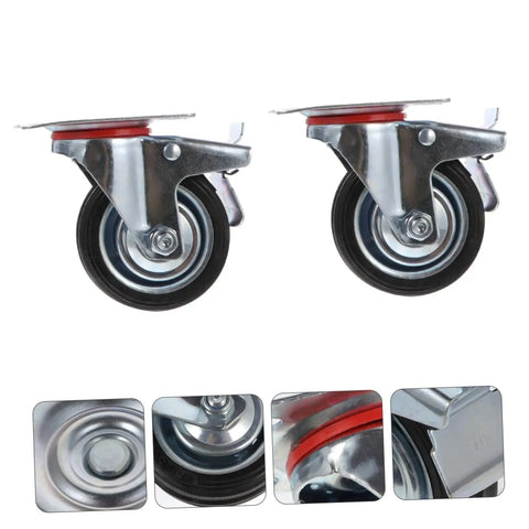 Heavy Duty Non Slip Swivel Caster Wheels With Safety Brake Industrial Rubber Rollers For Smooth Quiet Mobility On Carts And Furniture Easy To Install Three Inch Casters Built Tough For Heavy Loads, side and close-up view