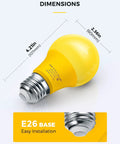 Amber Porch Light Bulbs With Dusk To Dawn Sensor For Outdoor Use, E26 base, showing dimensions and yellow bulb design.