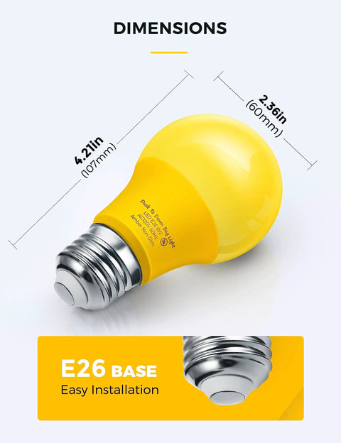 Amber Porch Light Bulbs With Dusk To Dawn Sensor For Outdoor Use, E26 base, showing dimensions and yellow bulb design.