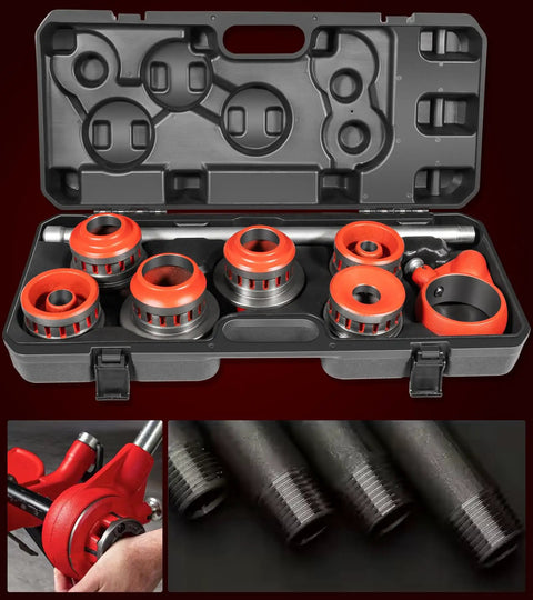 12R Manual Exposed Ratchet Pipe Threader Set With 6 NPT Die Heads From Half Inch To Two Inch Pipe Portable Tool Kit With Storage Case For Plumbing Installation And Repair