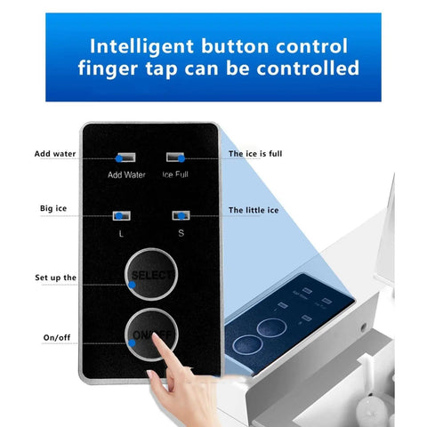 Control panel of No Fuss Countertop Ice Maker Rolling Out Rapid Chill With Fifteen Kilos Daily Output, showing button functions.