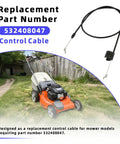 Replacement part 532408047 Zone Control Cable for walk behind lawn mower shown in garden setting.