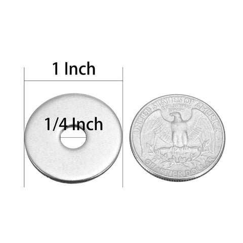 40 Pcs 1/4 Fender Washers Set In 304 Stainless Steel shown next to a coin, 1-inch outer diameter, 1/4-inch inner diameter