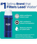 Image of the PUR Plus filter showing certifications for reducing lead, microplastics, and chlorine. Lead Reducing Water Filter Dispenser With WQA Certified Filter And 30 Cup Capacity, Dishwasher Safe, Slim Space Saving Design, Powerful Home Filtration That Cuts Microplastics And More Than 20 Chemicals