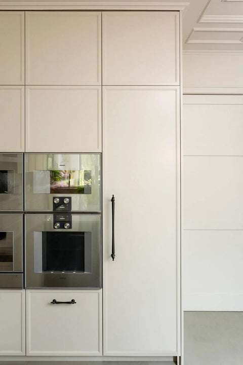 Matte Black Cabinet Pulls 12 5 8 Inch Hole Centers 6 Pack Zinc Alloy Modern Drawer Handles on a white kitchen cabinet