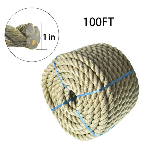100 Feet Three Strand Twisted Polypropylene Rope Manila Rope Substitute, 1 in diameter, coiled and secured