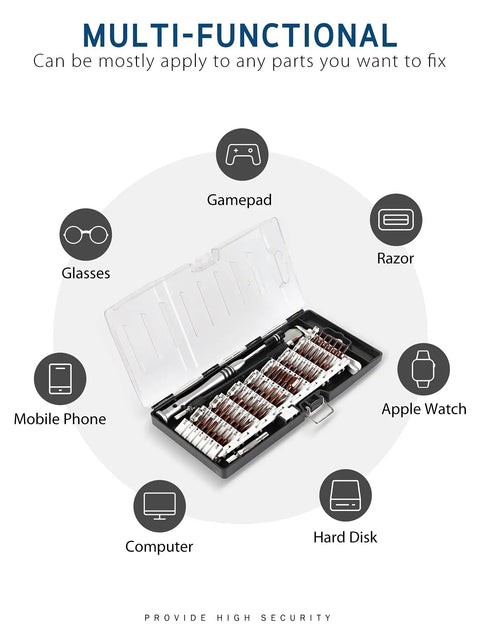 Ultimate Magnetic Precision Screwdriver Set With 57 Bits And 63 In 1 Kit open with various tool options for electronics repair