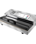 Heavy Duty Commercial Grade Vacuum Sealer Machine For Food Preservation And Sous Vide Cooking With Extra Wide Seal Bar For 16 Inch Bags And 935 Watt Power. Close-up view of the stainless steel vacuum sealer with control panel.