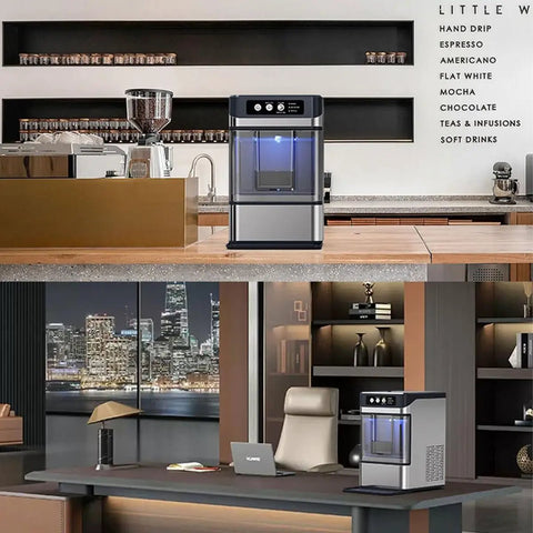 Slick Portable Countertop Ice Maker For Chewable Crushed Ice Cocktails in sleek stainless steel at home bar and office.
