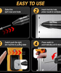 Camxtool Brushless Cordless Pop Rivet Gun Compatible With Dewalt 20V Max Battery For Fast Heavy Duty Use With 100 Pieces Metal Rivets In Three Sizes Including One Eighth Five Thirty Second And Three Sixteenths Inches Head For Garage Repair Projects showing usage steps for rivet insertion and operation.
