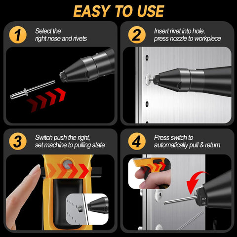 Camxtool Brushless Cordless Pop Rivet Gun Compatible With Dewalt 20V Max Battery For Fast Heavy Duty Use With 100 Pieces Metal Rivets In Three Sizes Including One Eighth Five Thirty Second And Three Sixteenths Inches Head For Garage Repair Projects showing usage steps for rivet insertion and operation.
