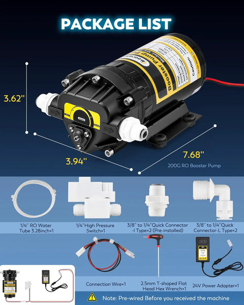 200GPD Booster Pump For RO System Complete Kit With Quick Connect Design And Adjustable High Pressure Switch layout