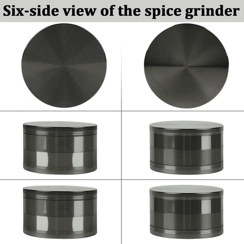 Six-side view of 3 Inch Spice Grinder for Kitchen Gray with Aluminum Alloy Build, Magnetic Lid