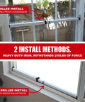 Extendable Window Security Bar 14.25 to 37 Inches Heavy Duty Iron Easy Install Child Proof For Horizontal And Vertical Windows White Finish Deterrent Provides Up To 250 Pound Force For Extra Home Security installed on a window with drilled and non-drilled methods.