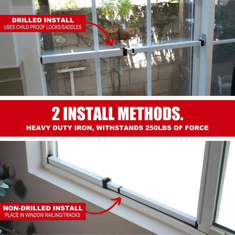 Extendable Window Security Bar 14.25 to 37 Inches Heavy Duty Iron Easy Install Child Proof For Horizontal And Vertical Windows White Finish Deterrent Provides Up To 250 Pound Force For Extra Home Security installed on a window with drilled and non-drilled methods.