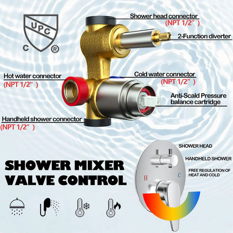 Shower mixer valve control system with anti-scald pressure balance, part of 9 Inch Wall Mounted Rain Shower System With 10 Settings.
