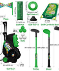 Toddler Golf Club Set For Little Legends Ages One To Four Featuring Retractable Mini Drivers Safe Chunky Plastic Balls Plus Portable Carry Bag Perfect Sweet Deal Playtime Gear For Boys Or Girls In Green, includes golf mat, clubs, balls, and cart.