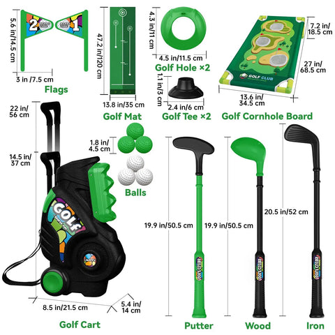 Toddler Golf Club Set For Little Legends Ages One To Four Featuring Retractable Mini Drivers Safe Chunky Plastic Balls Plus Portable Carry Bag Perfect Sweet Deal Playtime Gear For Boys Or Girls In Green, includes golf mat, clubs, balls, and cart.