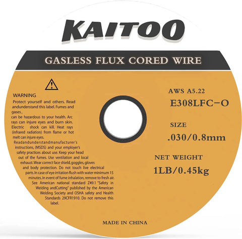E308LFC-O.030 Inch Flux Core Gasless Stainless Steel Welding Wire, 1 Pound Spool label showing specifications and warnings