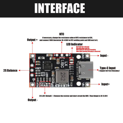 Slick Type C Usb 10 Pack 2S Bms Lithium Battery Charging Module Quickcharge Boost Power Supply 84V To 126V With Led Auto Adjust Indicator 15W Smooth Fast No Sweat Recharge, showing interface details and connections.