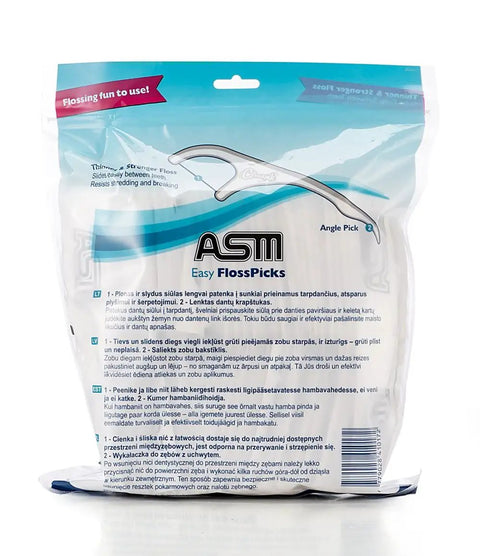 Package of ASM Easy FlossPicks, 350 count, individually wrapped, with angle pick design visible.