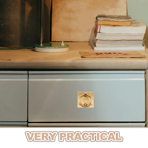 Antique Brass Cupboard Handle Thickened 6cm Ring Pull on blue cabinet, vintage solid brass door pull with old school retro vibe.