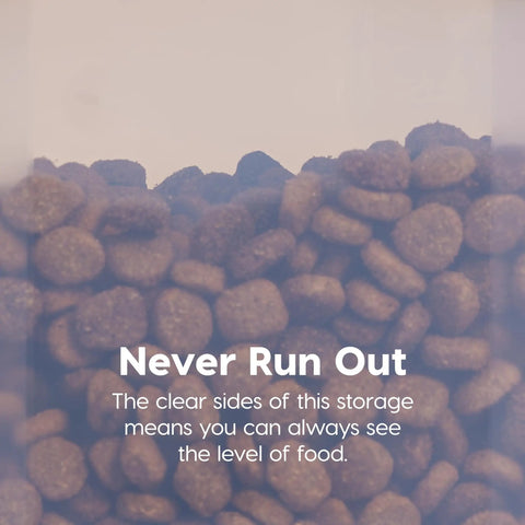 Close-up of Remington Airtight Pet Food Storage Container with visible dry food level through clear sides.