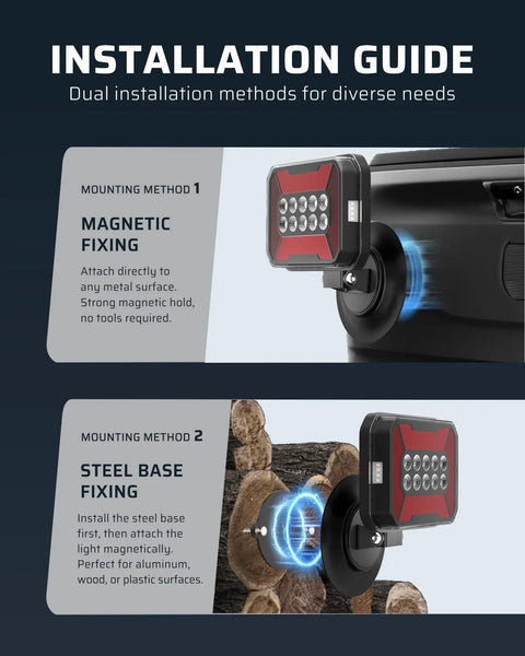 Installation guide showing Magnetic Wireless Trailer Lights Kit With Bluetooth LED Tow Lights, mounted on steel surfaces.