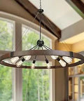 38.2 Inch Large Farmhouse Wagon Wheel Chandelier With 8 Lights In Rustic Round Metal Frame In Vintage Rust And Black Finishes