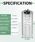 RV Air Conditioner Capacitor 55 15 MFD 370 440V AC Service Kit For Dometic 3314471.017 with specifications chart