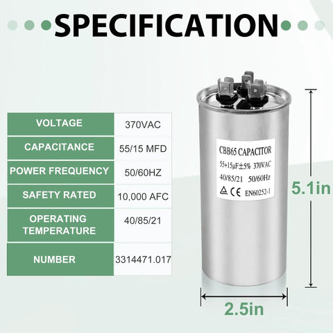 RV Air Conditioner Capacitor 55 15 MFD 370 440V AC Service Kit For Dometic 3314471.017 with specifications chart