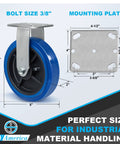 8 Inch Heavy Duty Polyurethane Caster Wheels 1000 Pound Load Capacity 4 Pack showcasing bolt size and mounting plate dimensions.
