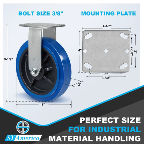 8 Inch Heavy Duty Polyurethane Caster Wheels 1000 Pound Load Capacity 4 Pack showcasing bolt size and mounting plate dimensions.