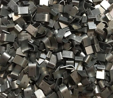 Close-up of 2 lbs J clips used with Heavy Duty J Clip Pliers With 2 Lbs J Clips Forged Steel Construction Comfort Blue Handle