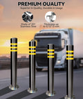 Rock Solid 32 Inch Stainless Steel Security Bollard 2 Pack With High Visibility Reflective Tape And Full Anchor Bolt Kit Heavy Duty Vehicle Gate Stopper Built Tough For Parking Lots And Driveways Lock It Down four bollards with reflective tape on road