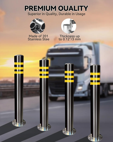 Rock Solid 32 Inch Stainless Steel Security Bollard 2 Pack With High Visibility Reflective Tape And Full Anchor Bolt Kit Heavy Duty Vehicle Gate Stopper Built Tough For Parking Lots And Driveways Lock It Down four bollards with reflective tape on road