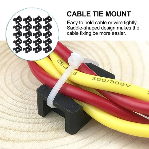Close-up of 120 Pcs Heavy Duty Nylon Cable Tie Mounts holding red and yellow wires securely on wood surface.